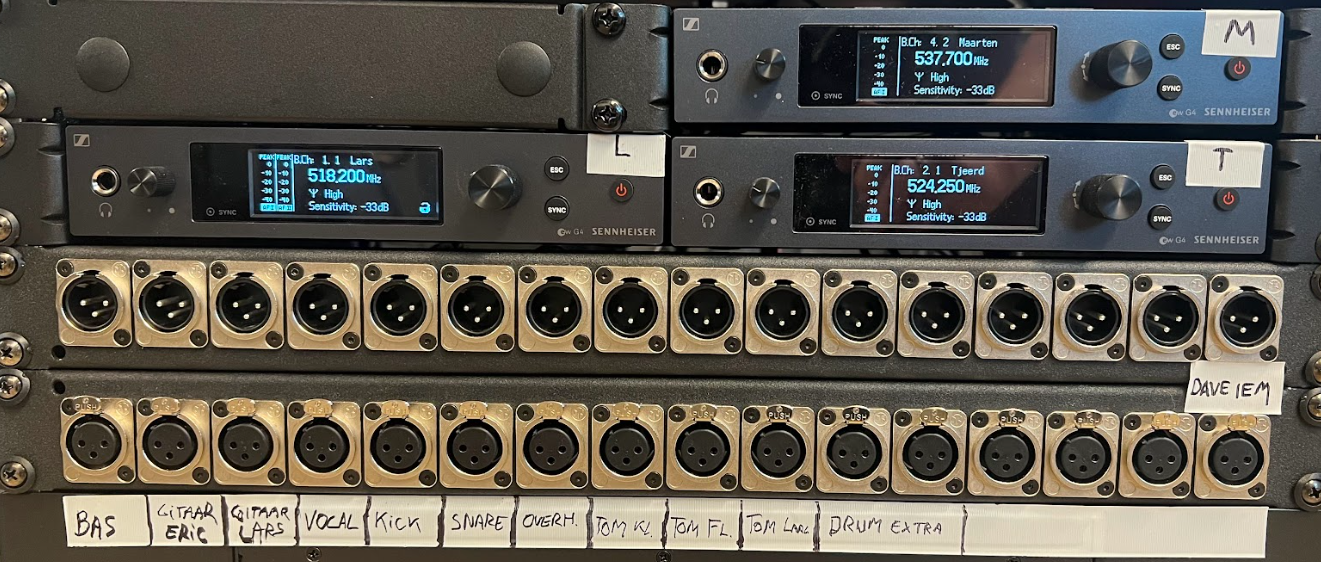 De eigen patch-bay van de band, zoals gebruikt tijdens een optreden.